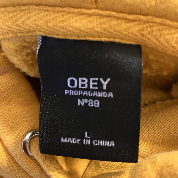 OBEY Logo Pullover Yellow Hooded Sweatshirt Hoodie Women's Size Large Butterfly - Picture 9 of 10